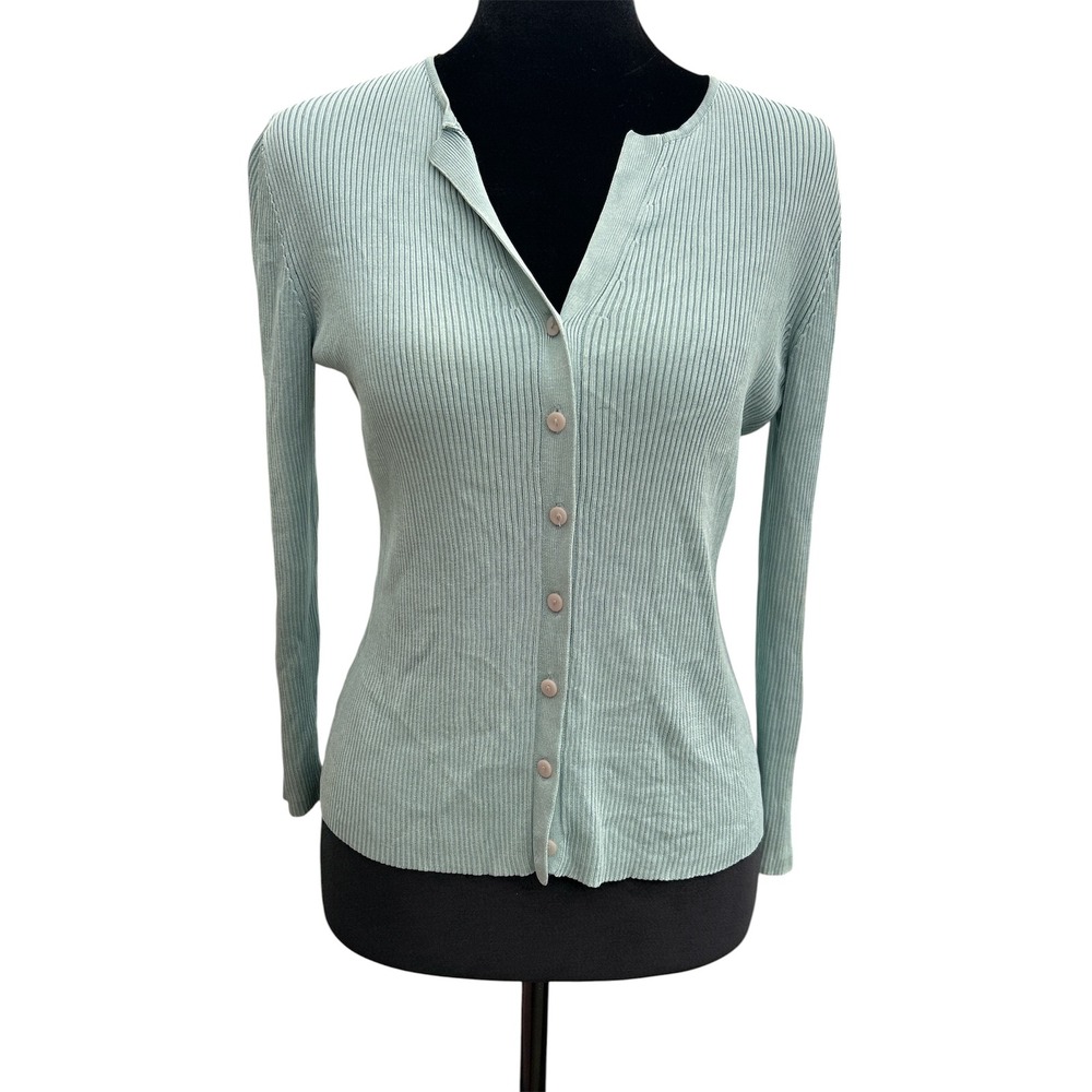 Ann Taylor LOFT Silk Ribbed Cardigan Sweater Seafoam Green Blue Womens Medium